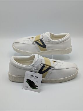 Tretorn Women's 8 White Canvas Sneakers with Yellow & Gray Accent Slip On Nylite